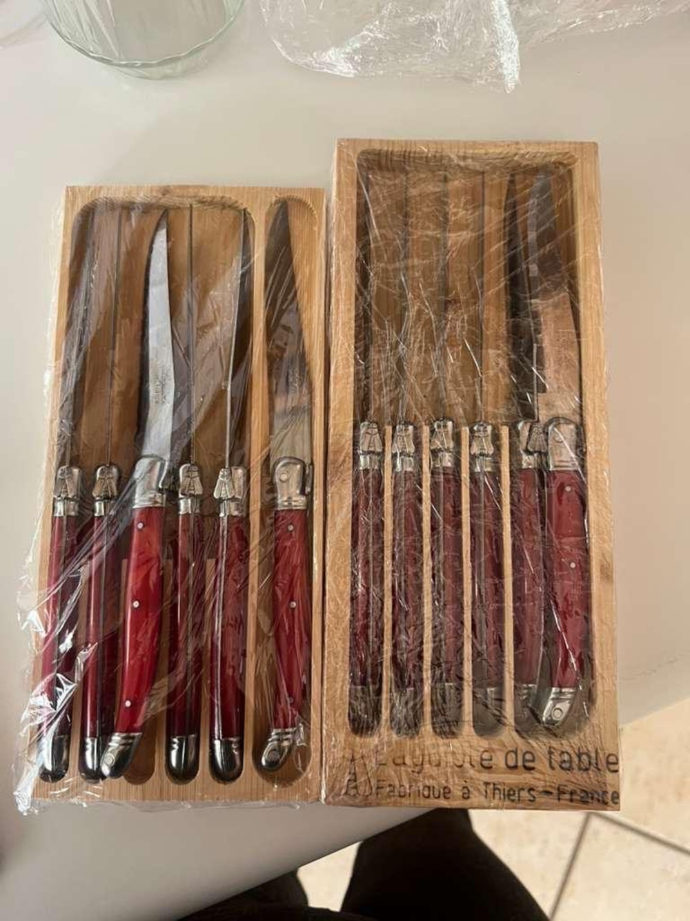Laguiole Red-Handled Steak Knife and Fork Set in Wooden Tray